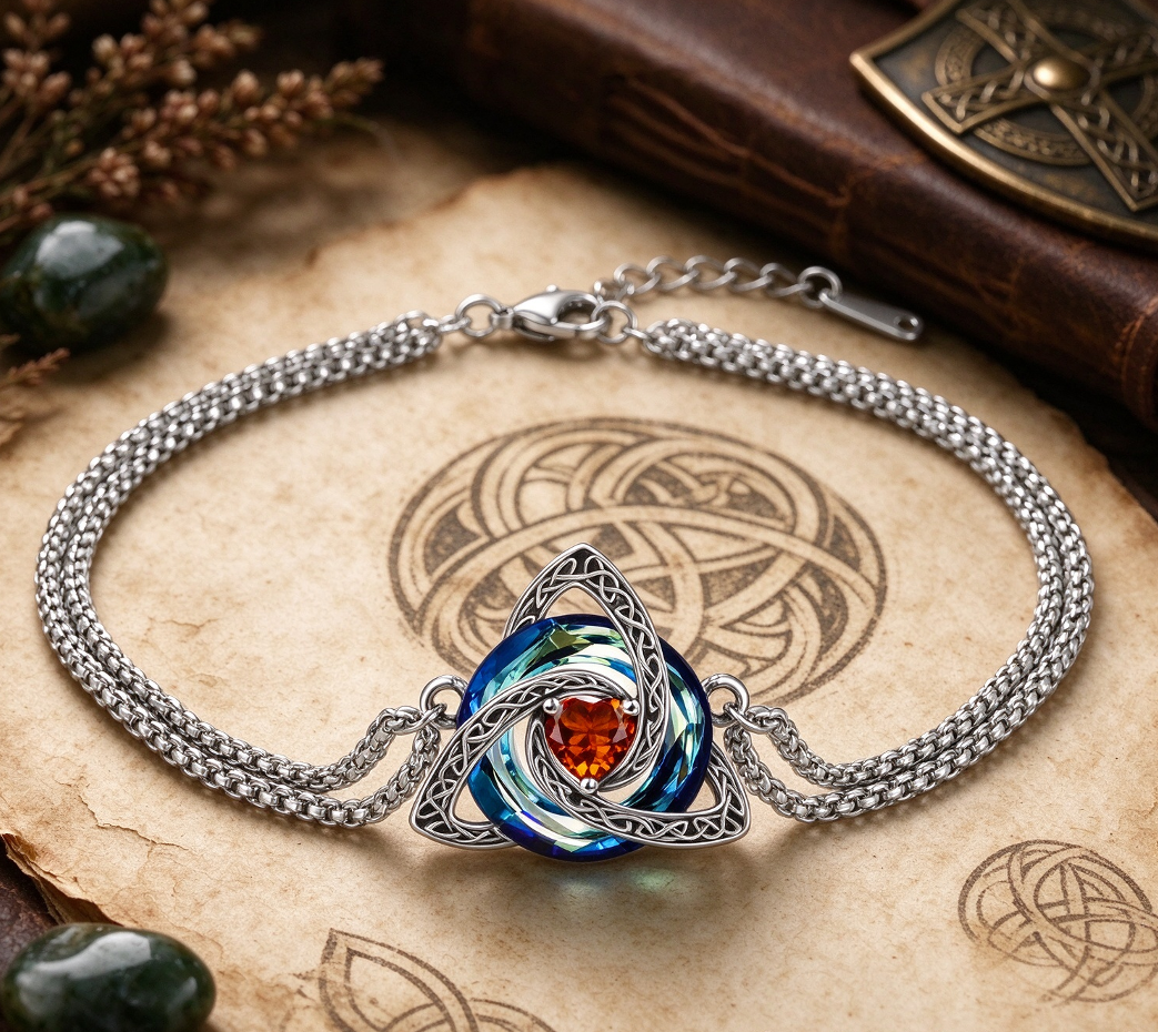 Celtic Knot Birthstone Bracelet for Women, Double Chain Trinity Knot Wrist Jewelry with 12 Birthstone Color Options