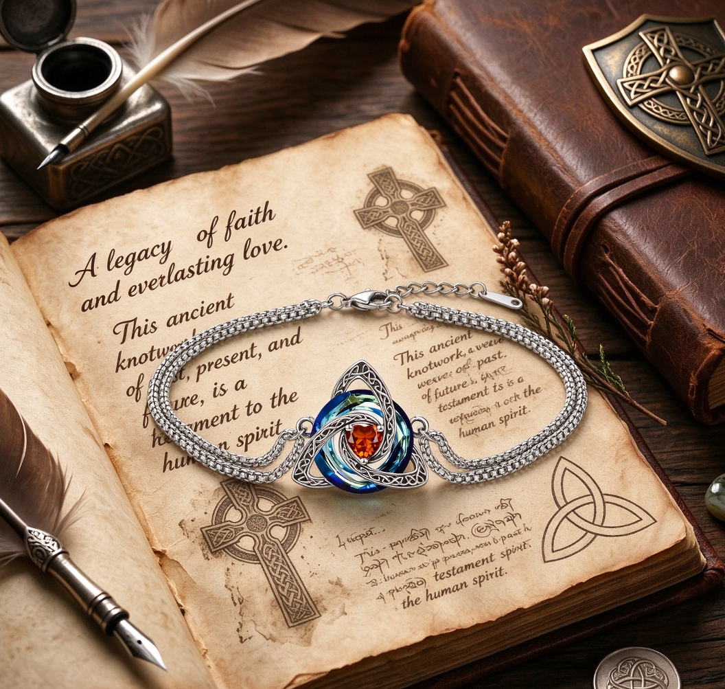 Celtic Knot Birthstone Bracelet for Women, Double Chain Trinity Knot Wrist Jewelry with 12 Birthstone Color Options