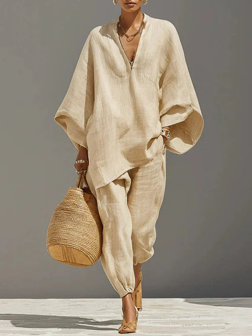 Casual Linen-Blend Two Piece Outfit Loose V Neck Top & Jogger Set