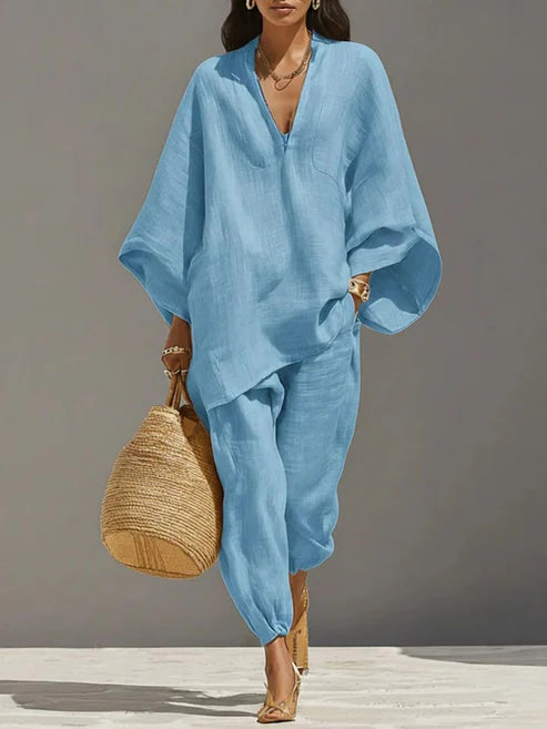 Casual Linen-Blend Two Piece Outfit Loose V Neck Top & Jogger Set