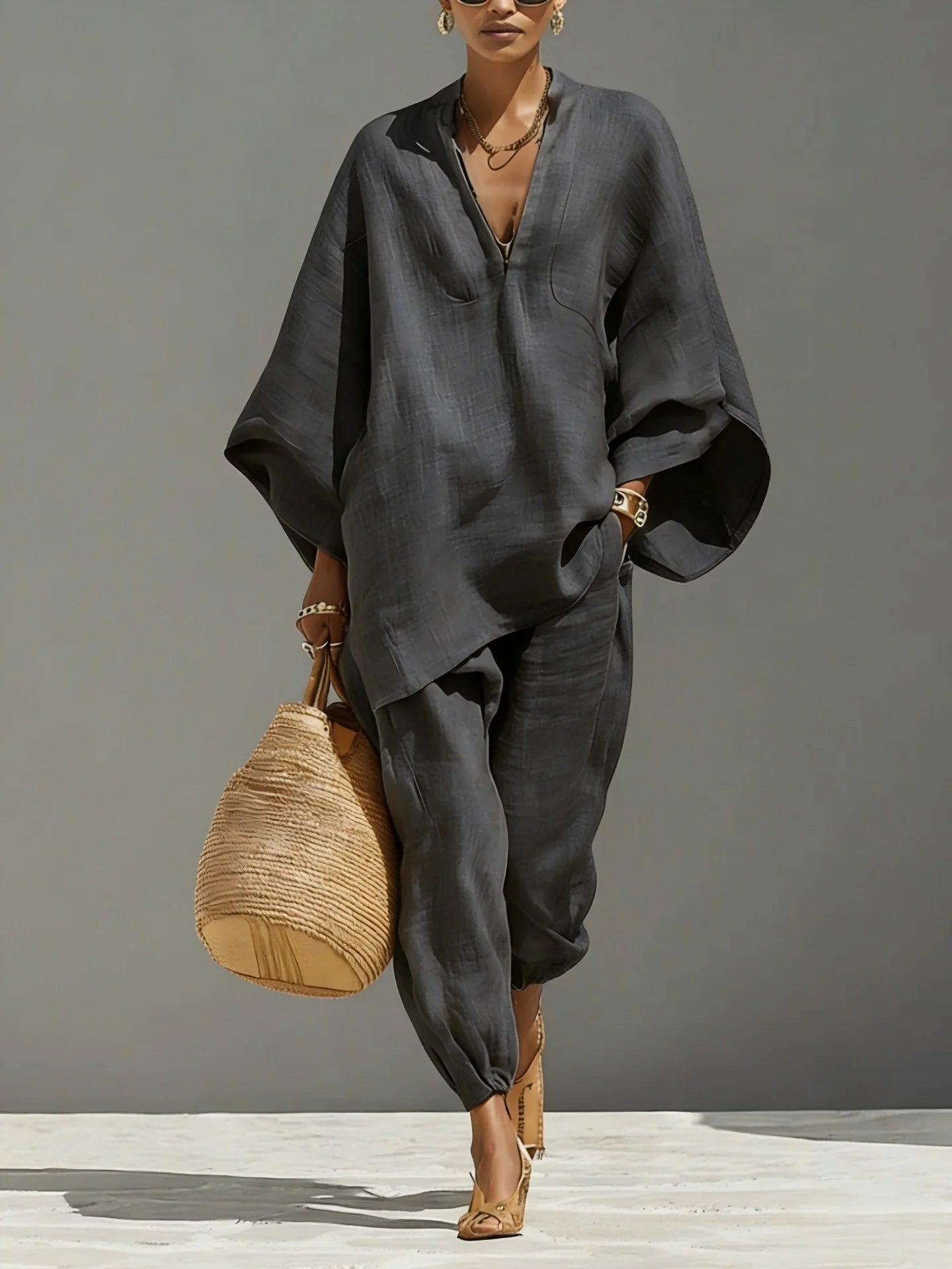 Casual Linen-Blend Two Piece Outfit Loose V Neck Top & Jogger Set