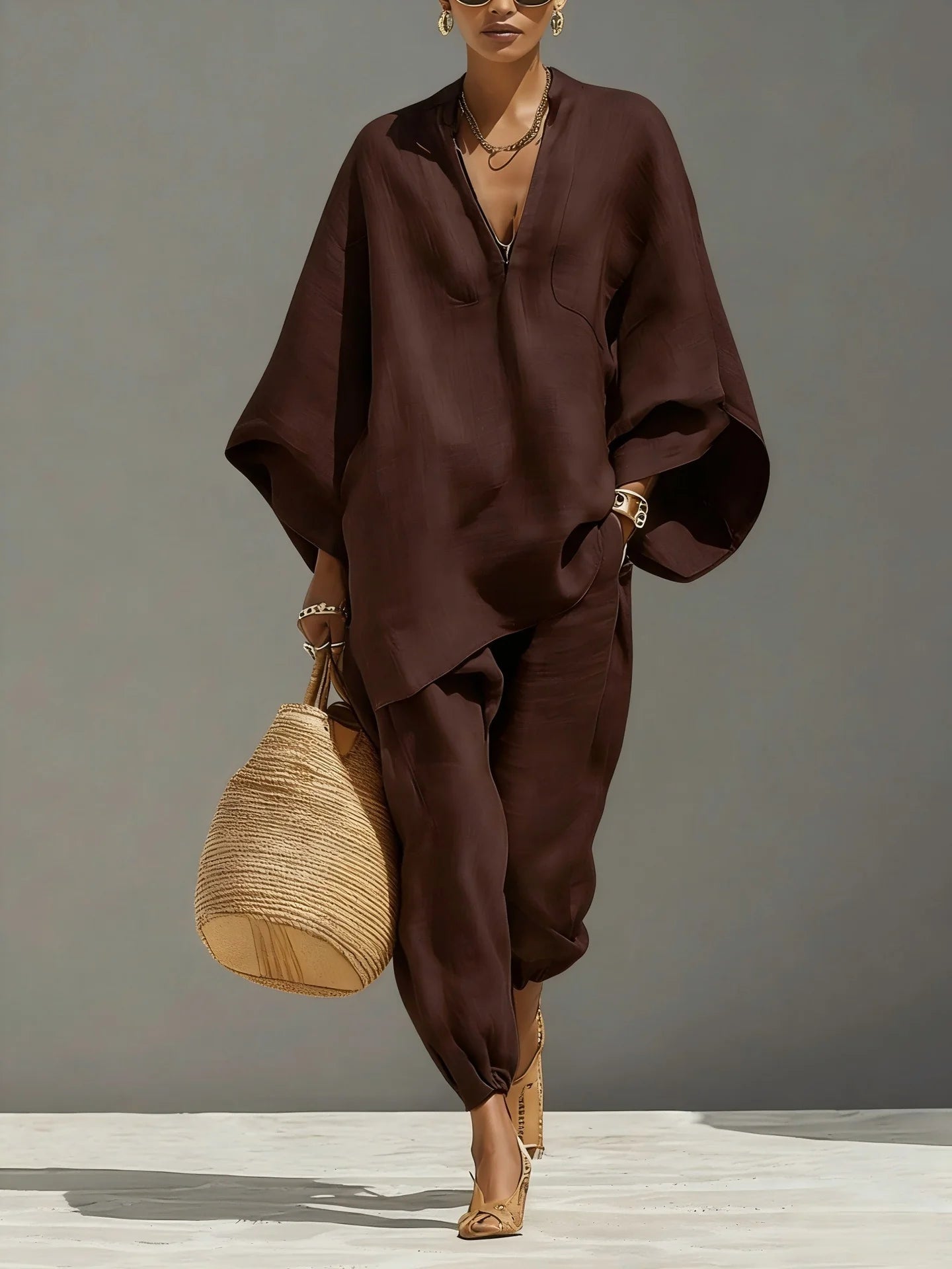Casual Linen-Blend Two Piece Outfit Loose V Neck Top & Jogger Set