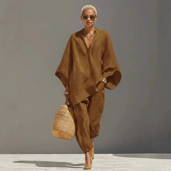 Casual Linen-Blend Two Piece Outfit Loose V Neck Top & Jogger Set