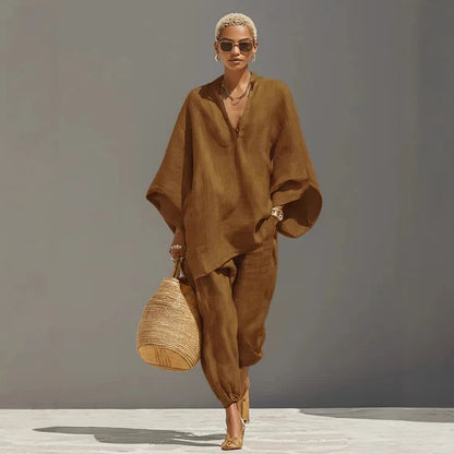 Casual Linen-Blend Two Piece Outfit Loose V Neck Top & Jogger Set