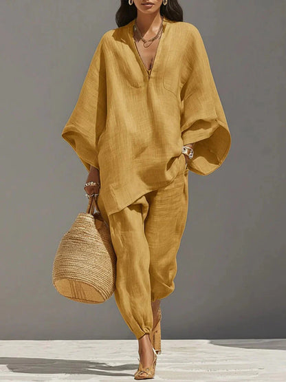 Casual Linen-Blend Two Piece Outfit Loose V Neck Top & Jogger Set