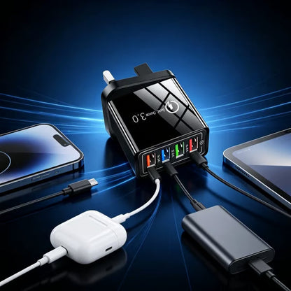 ⏰Last day Promotion 🔥-⚡ Quick Charge 3.0 GaN Charger – 4-Port Intelligent Fast Charging Hub with UK Plug🔋