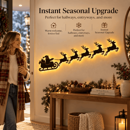 LED Christmas Santa Sleigh Wall Art, Illuminated Reindeer Silhouette Metal Sign, Warm Backlit Holiday Wall Decor
