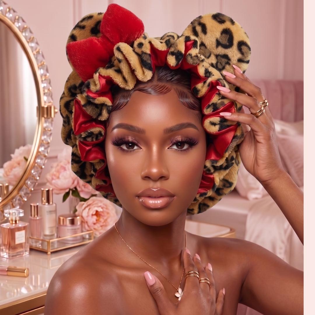 🔥Pink Leopard Teddy Fleece Hair Bonnet Protective Sleep Hair Cap🌙