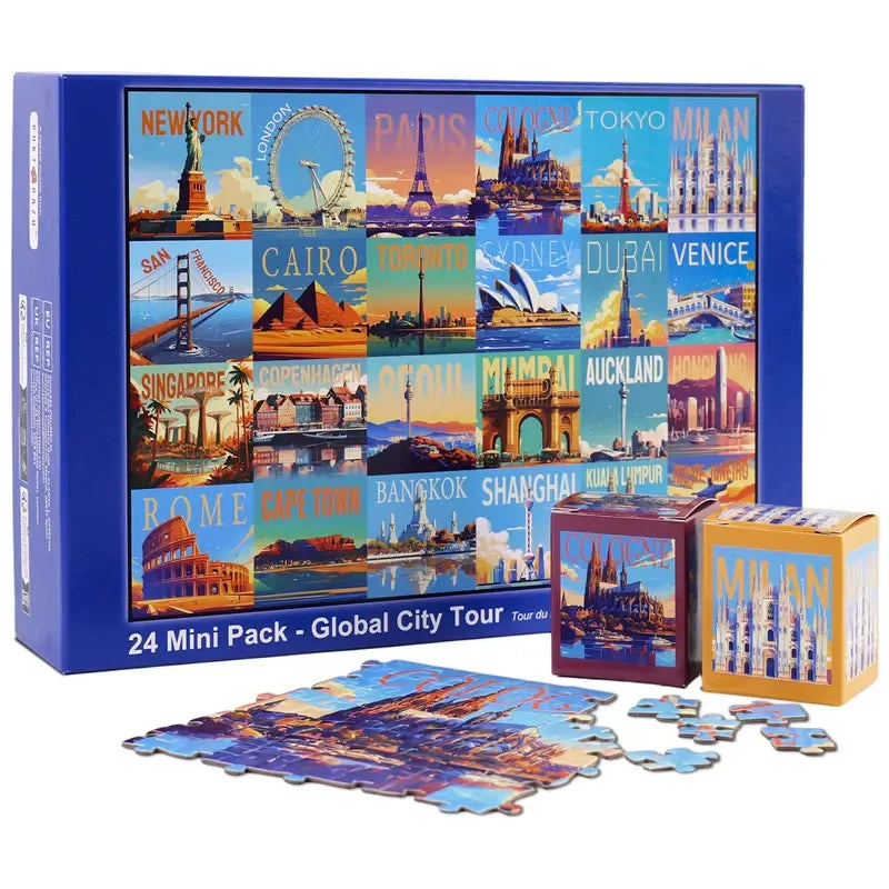 Travel Series, 24 Mini Pack 1000 Pieces Jigsaw Puzzle, 8 Puzzle Stickers, 3 Themes: National Parks, World Heritage, Global City Tour