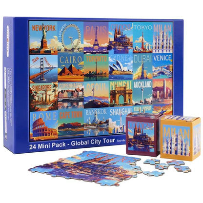 Travel Series, 24 Mini Pack 1000 Pieces Jigsaw Puzzle, 8 Puzzle Stickers, 3 Themes: National Parks, World Heritage, Global City Tour