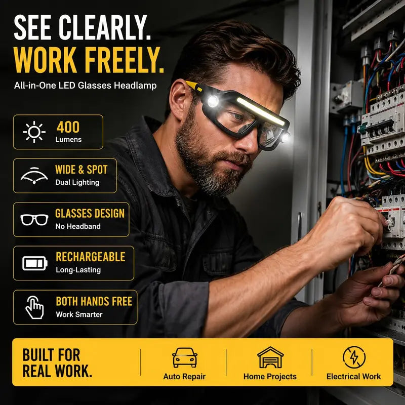 Rechargeable LED Headlamp Glasses – Hands-Free Work Light for Car Repair, DIY & Camping