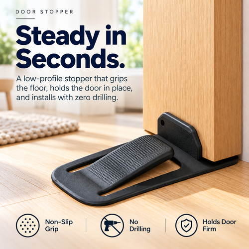 No-Drill Door Stopper — Low-Profile Repositionable Interior Door Holder