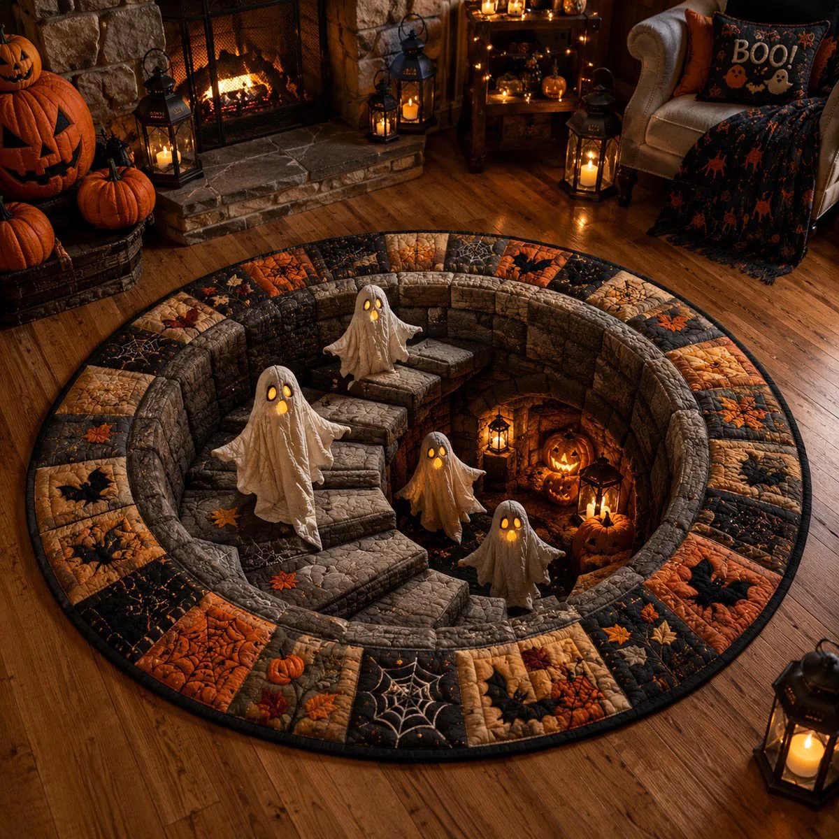 🔥HOT SALE 50% OFF -🔥 3D Haunted Staircase Round Rug – Spooky Halloween Optical Illusion 👻