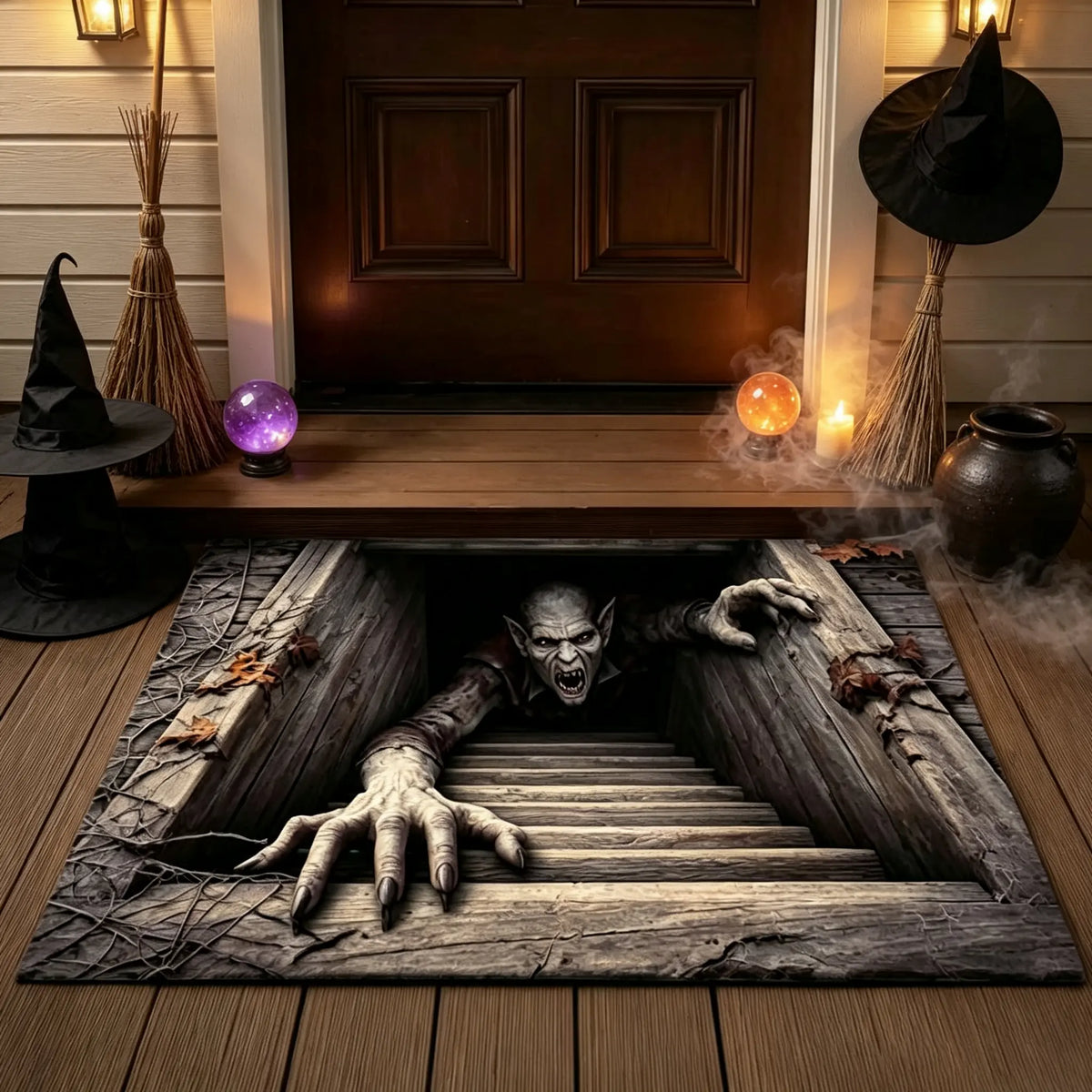 Halloween Front Door Mat – Festive 3D Visual Skull & Clown Horror Rug