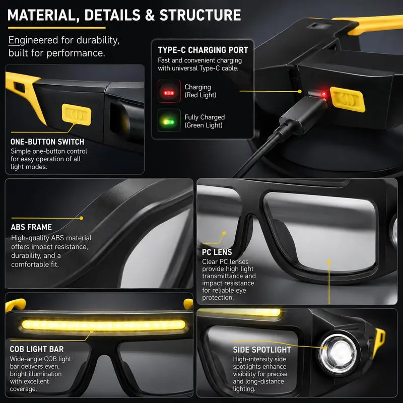 Rechargeable LED Headlamp Glasses – Hands-Free Work Light for Car Repair, DIY & Camping