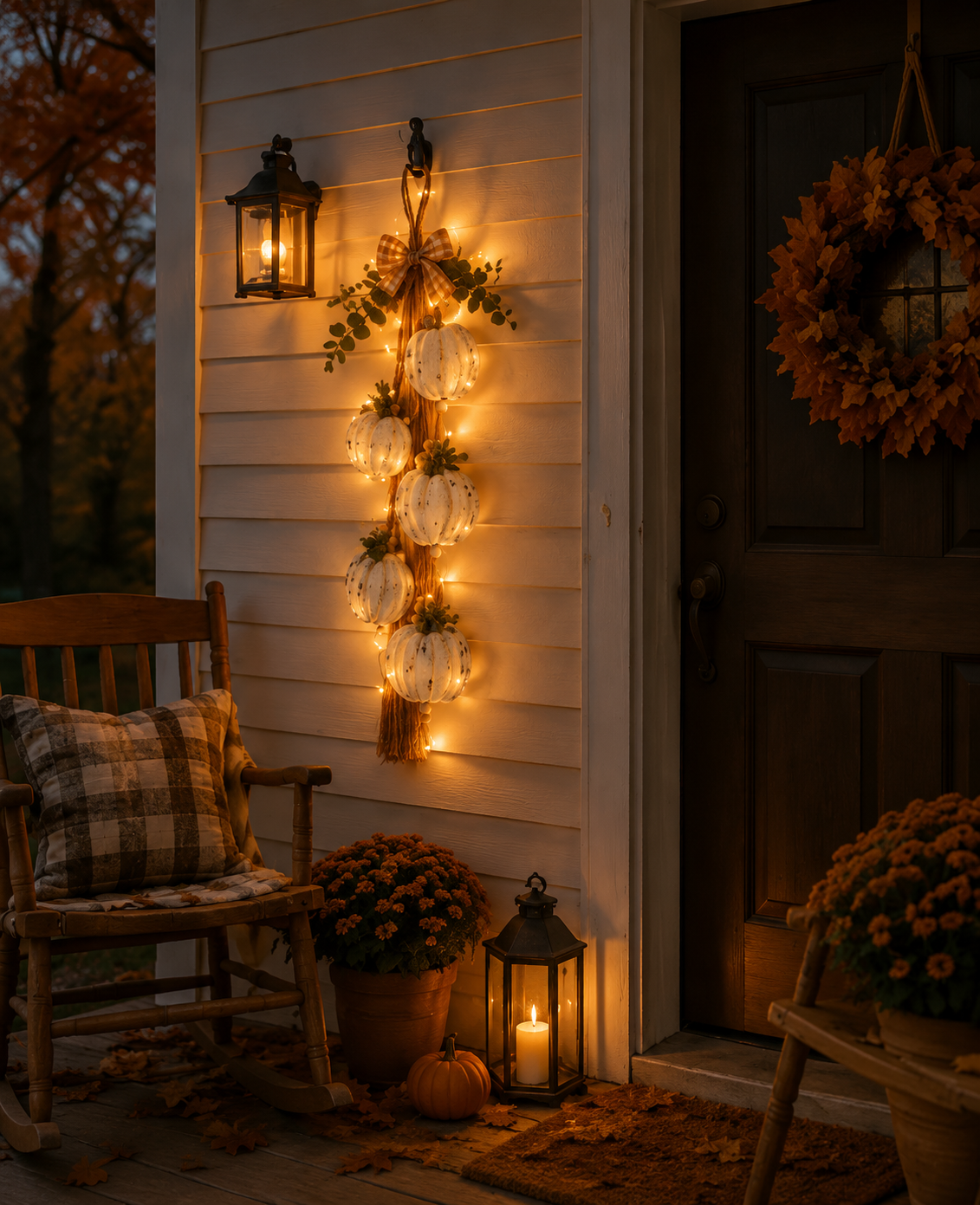 Rustic White Pumpkin Hanging Swag – 5-Pumpkin Fall Door & Wall Decoration for Farmhouse Autumn Decor