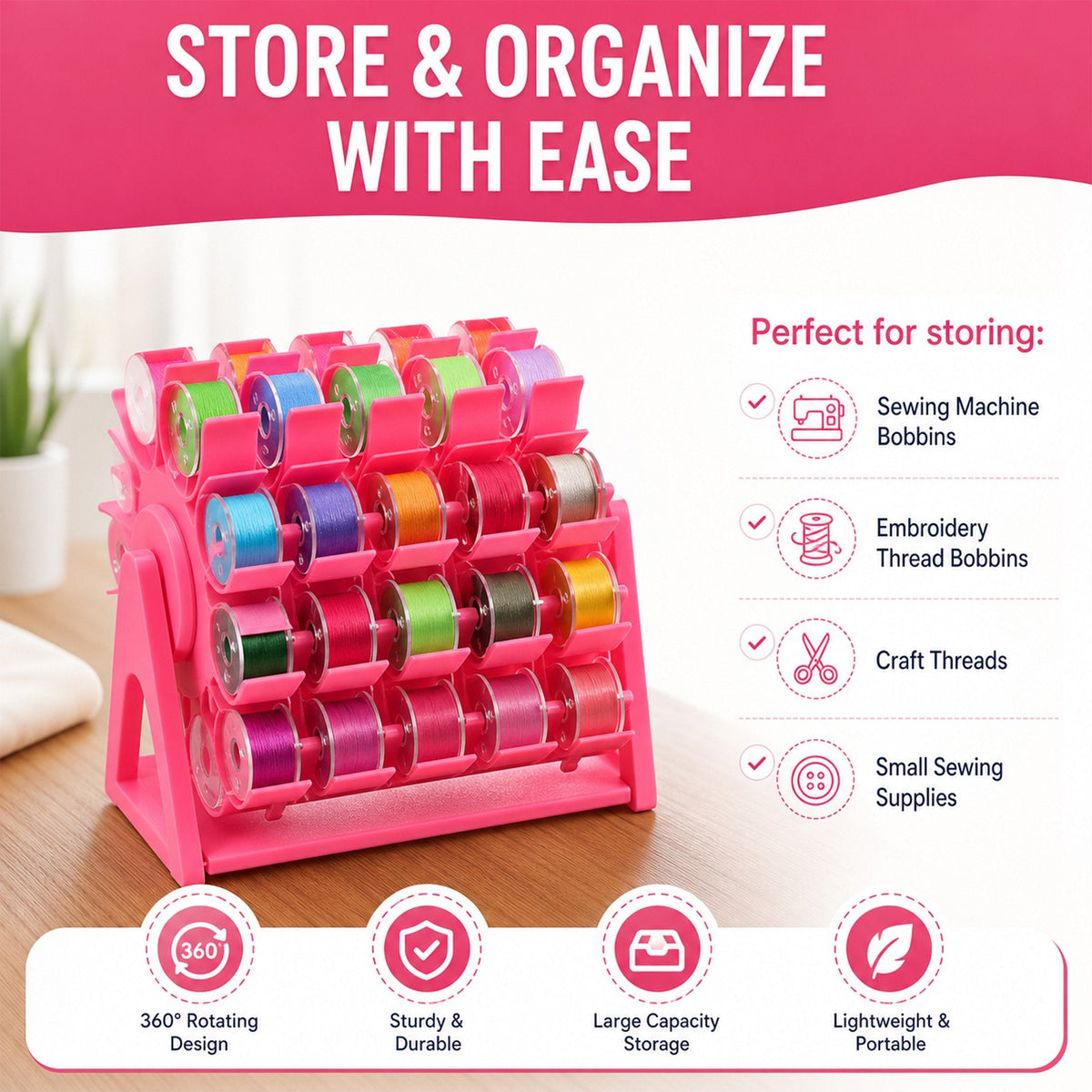 🔥 Last Day 49% OFF - 🧵 360° Rotating Bobbin Organizer – Holds 60 A-Size Bobbins