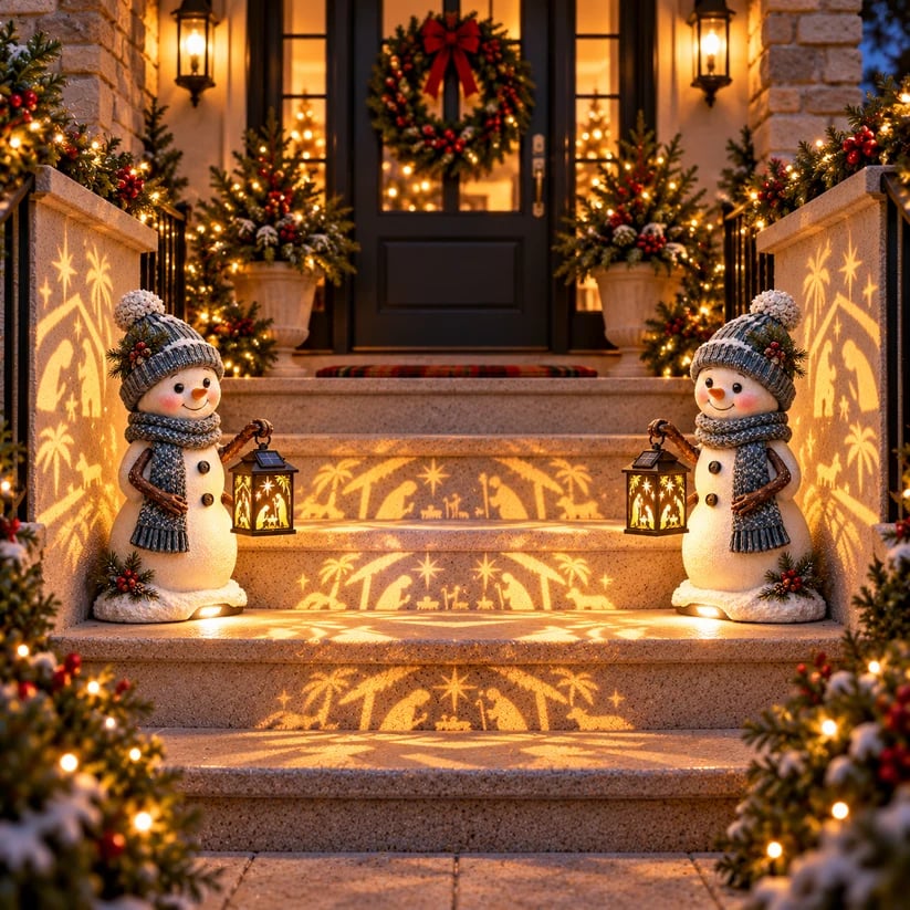 Snowman Nativity Glow™ – Solar Christmas Step Light with Holy Family Projection