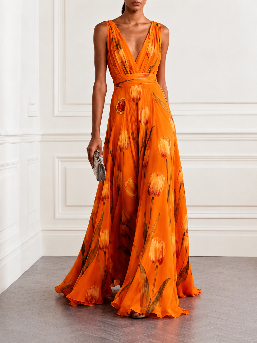 Floral Print Deep V-Neck Maxi Dress