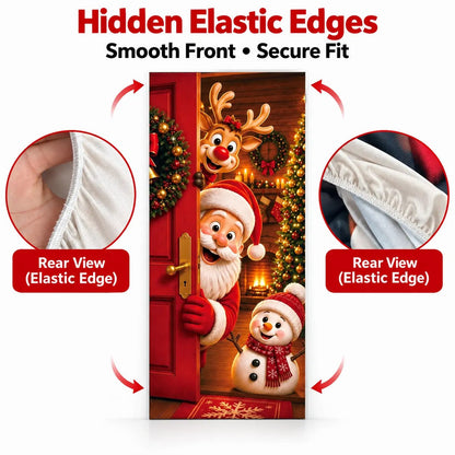 Christmas Door Cover - Stretch Fit Santa & Reindeer Door Decoration with 4-Side Elastic Edges🎅