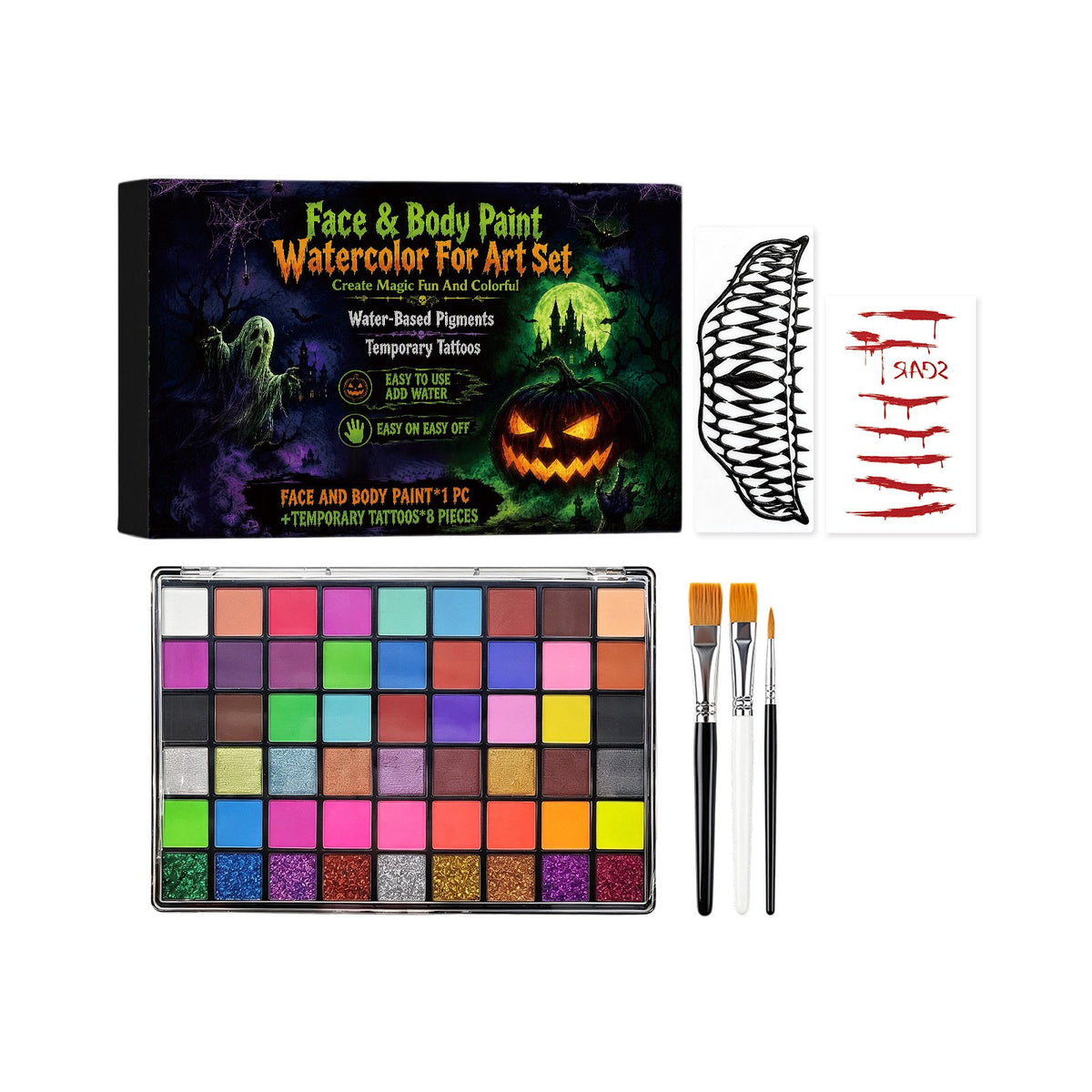 🎃Halloween Face & Body Paint Set ✨Adult DIY Makeup Kit with Brushes & Temporary Tattoo Stickers