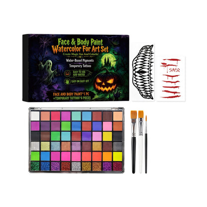 🎃Halloween Face & Body Paint Set ✨Adult DIY Makeup Kit with Brushes & Temporary Tattoo Stickers