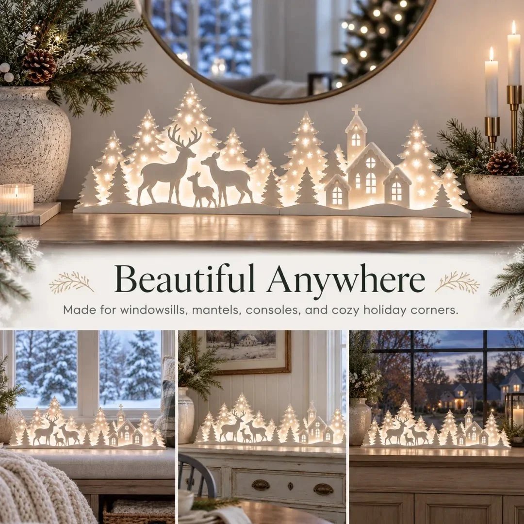 🔥🦌 LED Christmas Deer & Village Window Decor | 2-Piece Lighted Scene