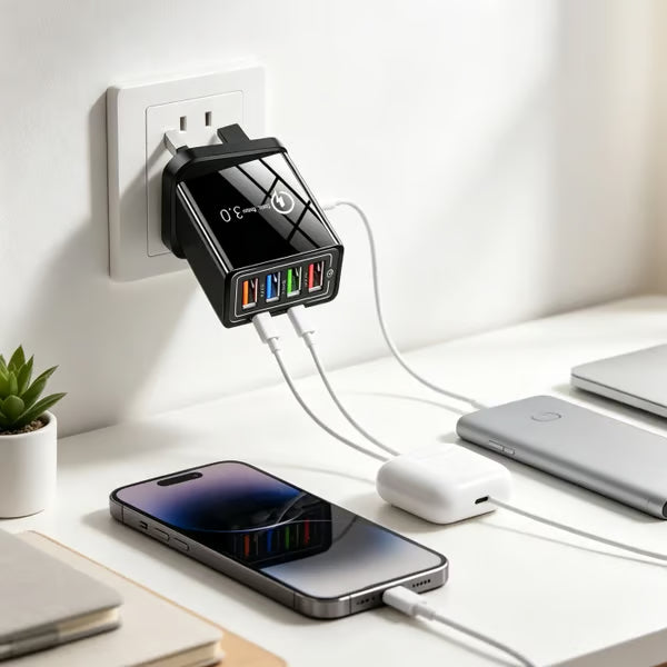 ⏰Last day Promotion 🔥-⚡ Quick Charge 3.0 GaN Charger – 4-Port Intelligent Fast Charging Hub with UK Plug🔋