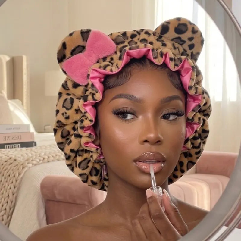 🔥Pink Leopard Teddy Fleece Hair Bonnet Protective Sleep Hair Cap🌙