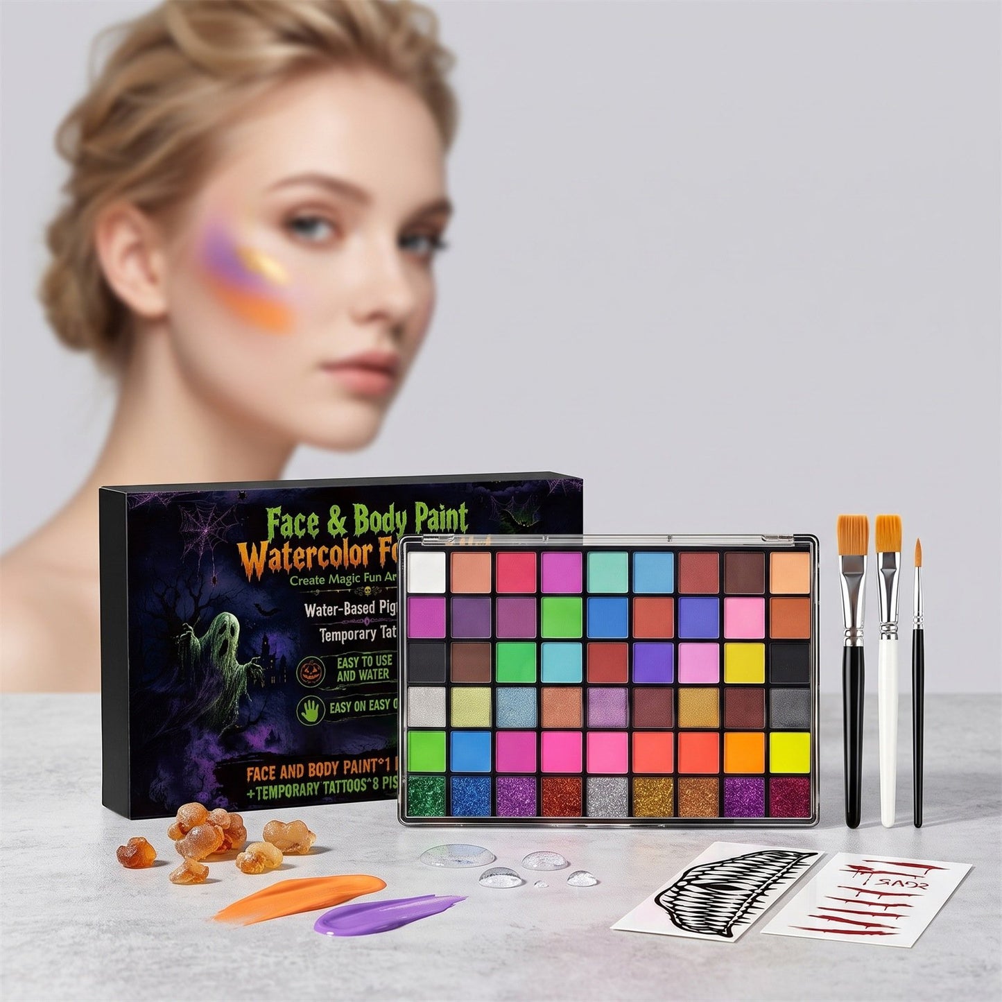 🎃Halloween Face & Body Paint Set ✨Adult DIY Makeup Kit with Brushes & Temporary Tattoo Stickers