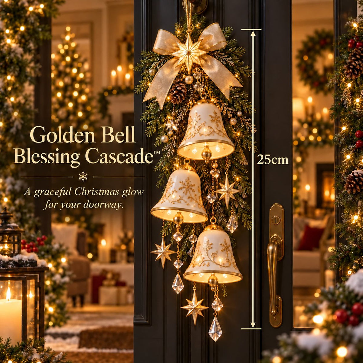 ✨ Golden Bell Blessing CascadeTM – Lighted Christmas Door Decor