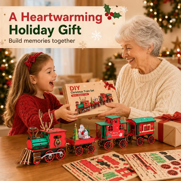 🎄LAST DAY 50% OFF – 🎅🎁DIY Christmas Wooden Train Set 3D Assembly Puzzle Kit