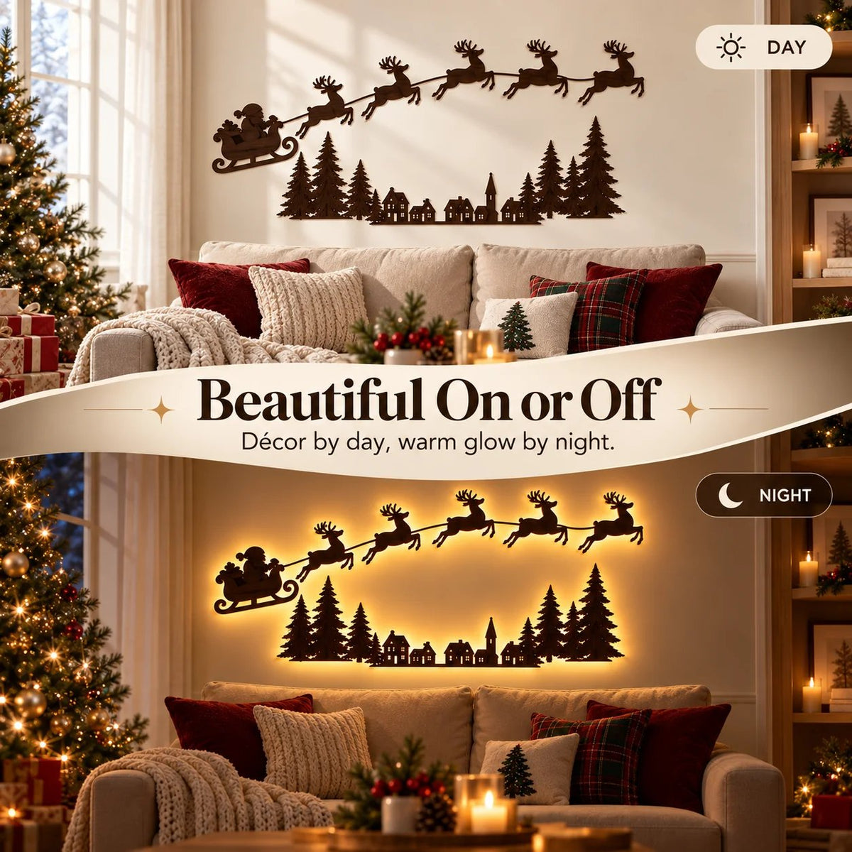 ✨ Illuminated Santa & Reindeer Silhouette LED Christmas Wall Light 🦌