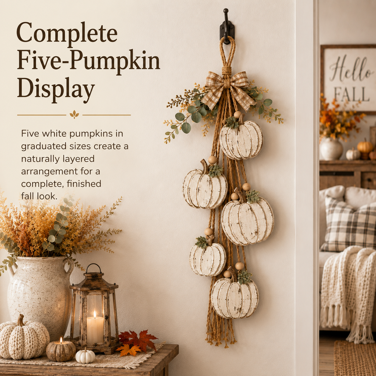 Rustic White Pumpkin Hanging Swag – 5-Pumpkin Fall Door & Wall Decoration for Farmhouse Autumn Decor