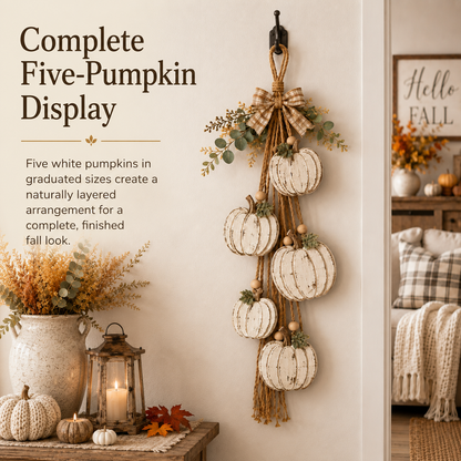 Rustic White Pumpkin Hanging Swag – 5-Pumpkin Fall Door & Wall Decoration for Farmhouse Autumn Decor