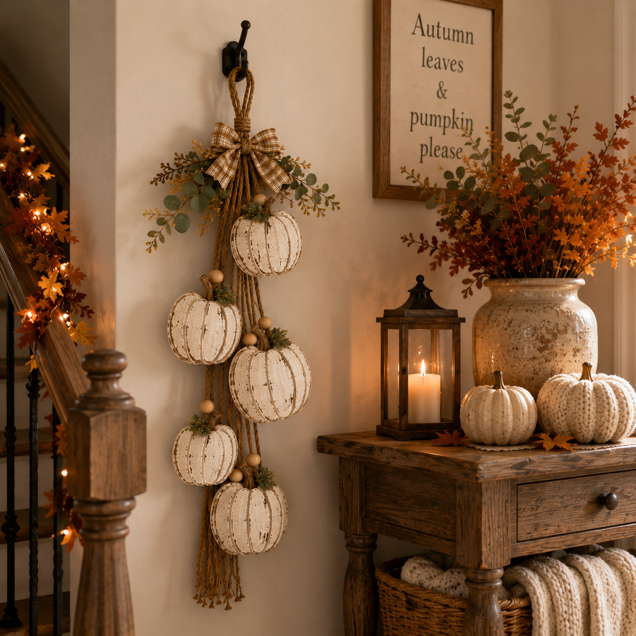 Rustic White Pumpkin Hanging Swag – 5-Pumpkin Fall Door & Wall Decoration for Farmhouse Autumn Decor