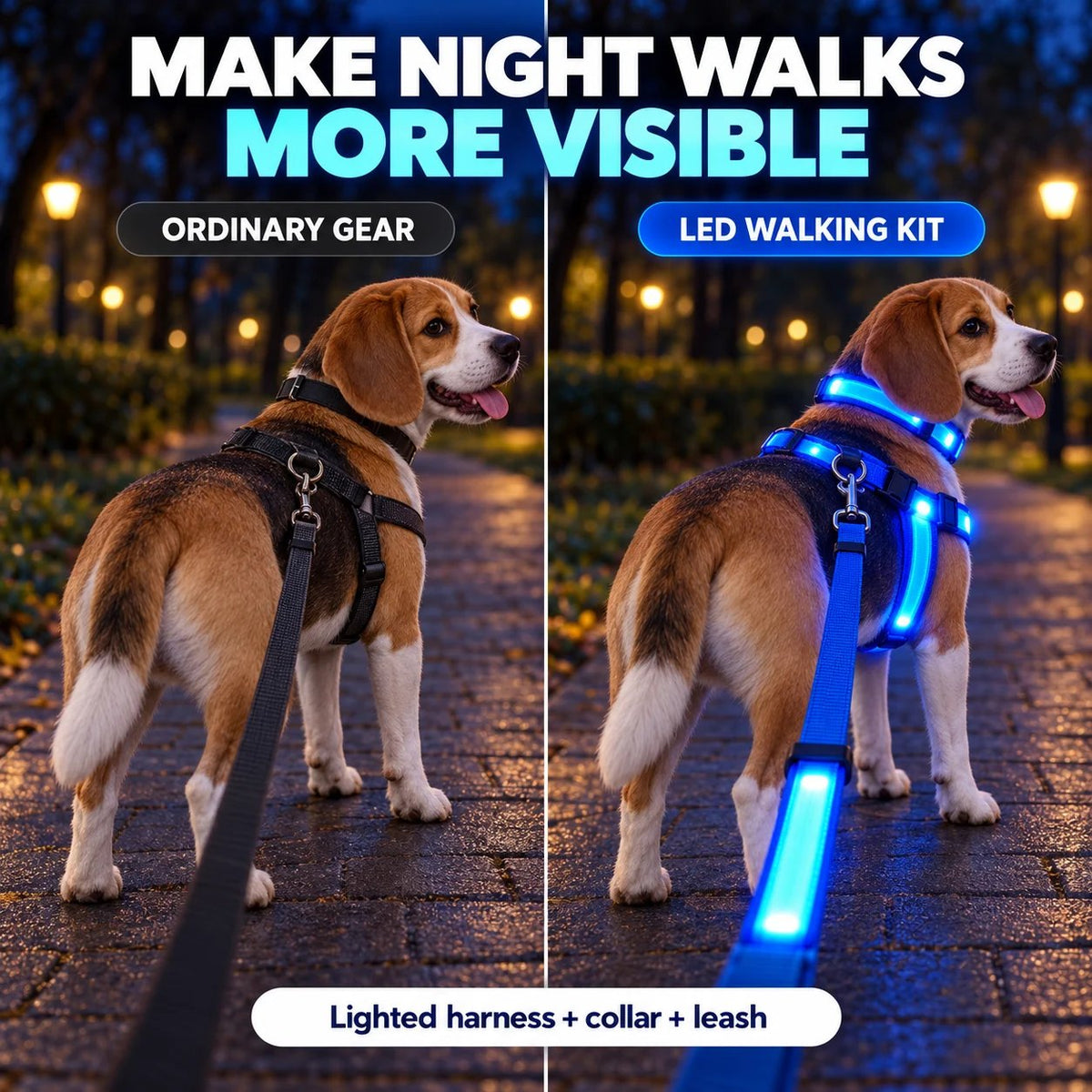 🐕 Rechargeable LED Dog Walking Kit ✨ Light-Up Harness, Collar & Leash for Safer Night Walks