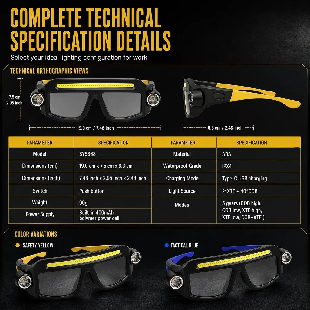 Hands Free Dual Beam LED Flashlight Glasses, Type-C Rechargeable COB Work Light Glasses for Mechanics, Camping & Repair