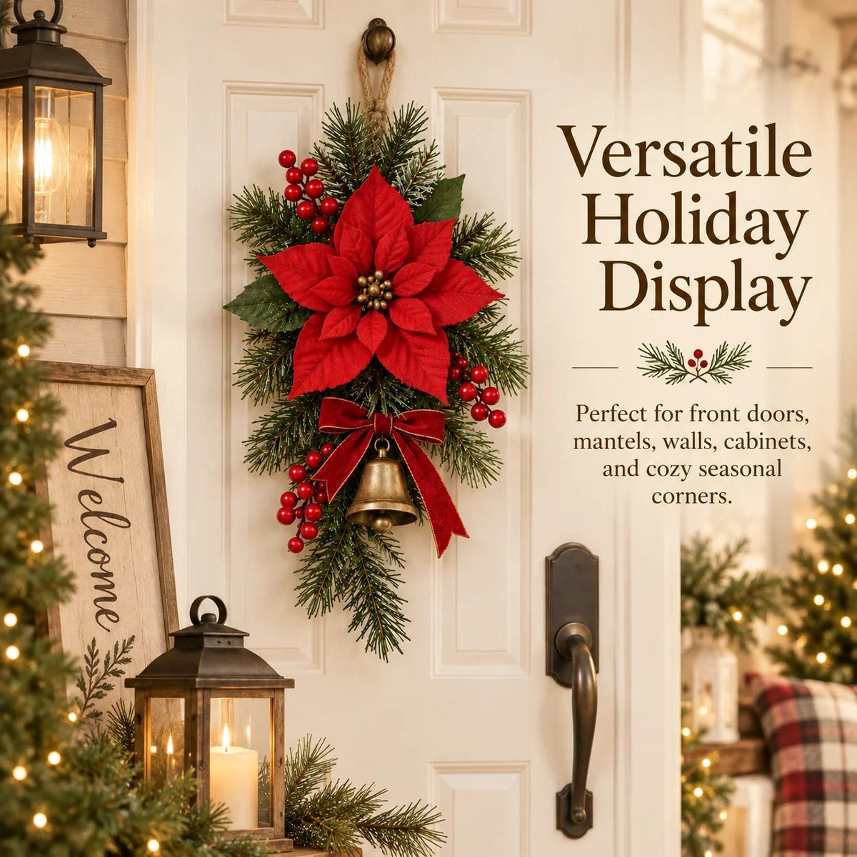 💯 🎄 Classic Red Poinsettia Christmas Door Swag ❤️ – Festive Holiday Floral Wreath Decor for Front Door & Home