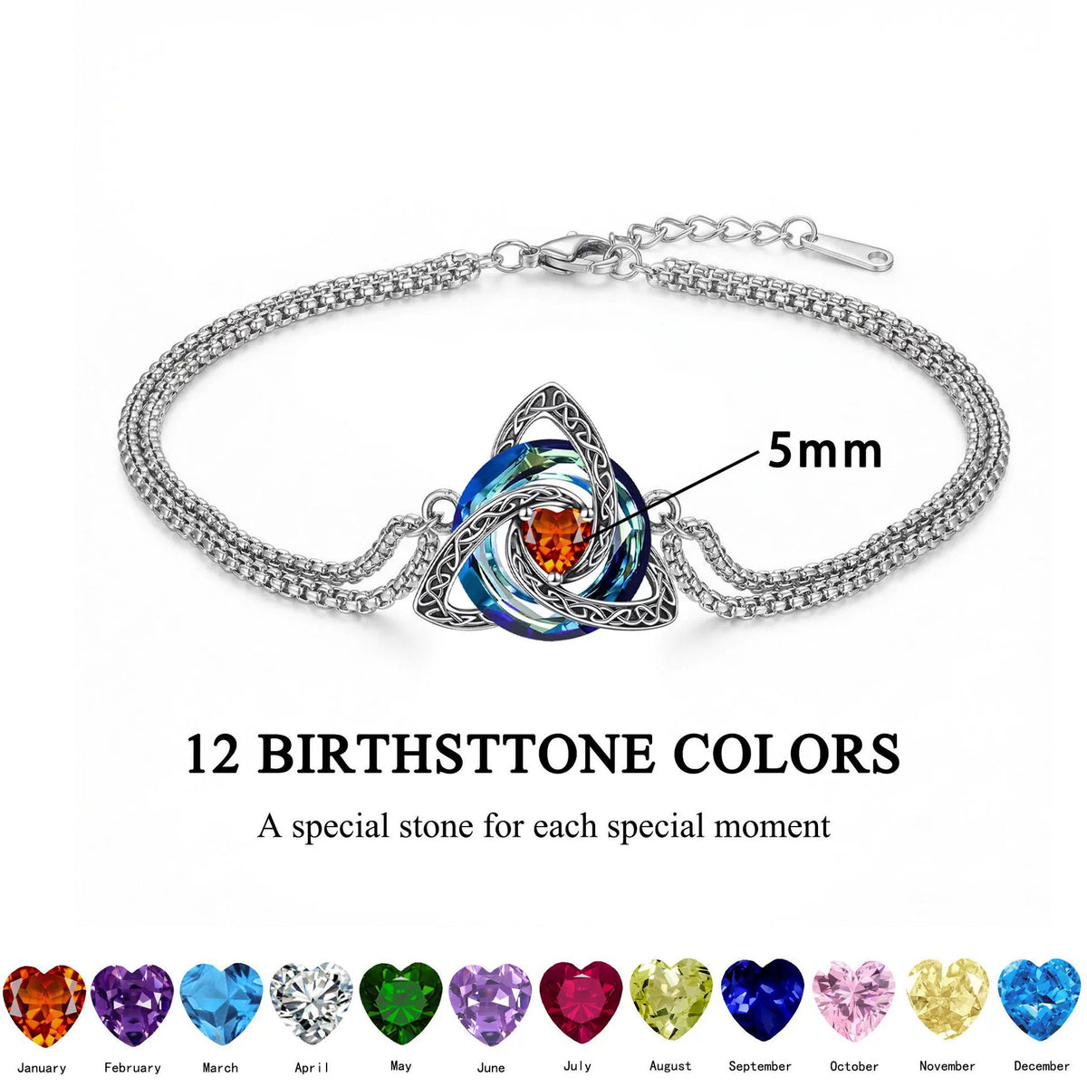 Celtic Knot Birthstone Bracelet for Women, Double Chain Trinity Knot Wrist Jewelry with 12 Birthstone Color Options