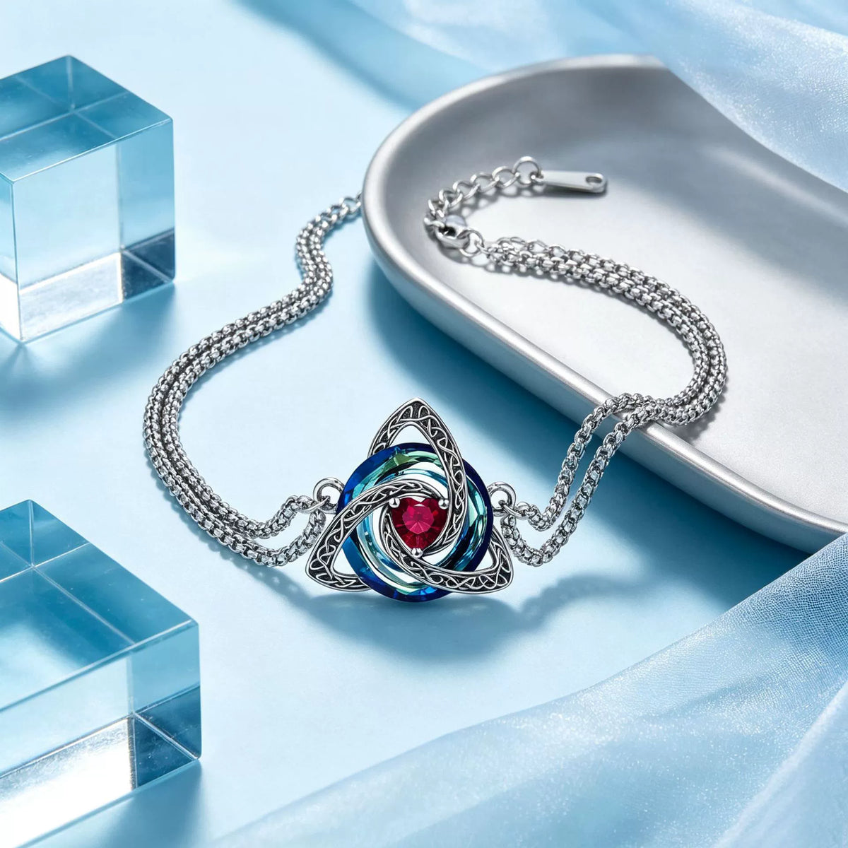 Celtic Knot Birthstone Bracelet for Women, Double Chain Trinity Knot Wrist Jewelry with 12 Birthstone Color Options