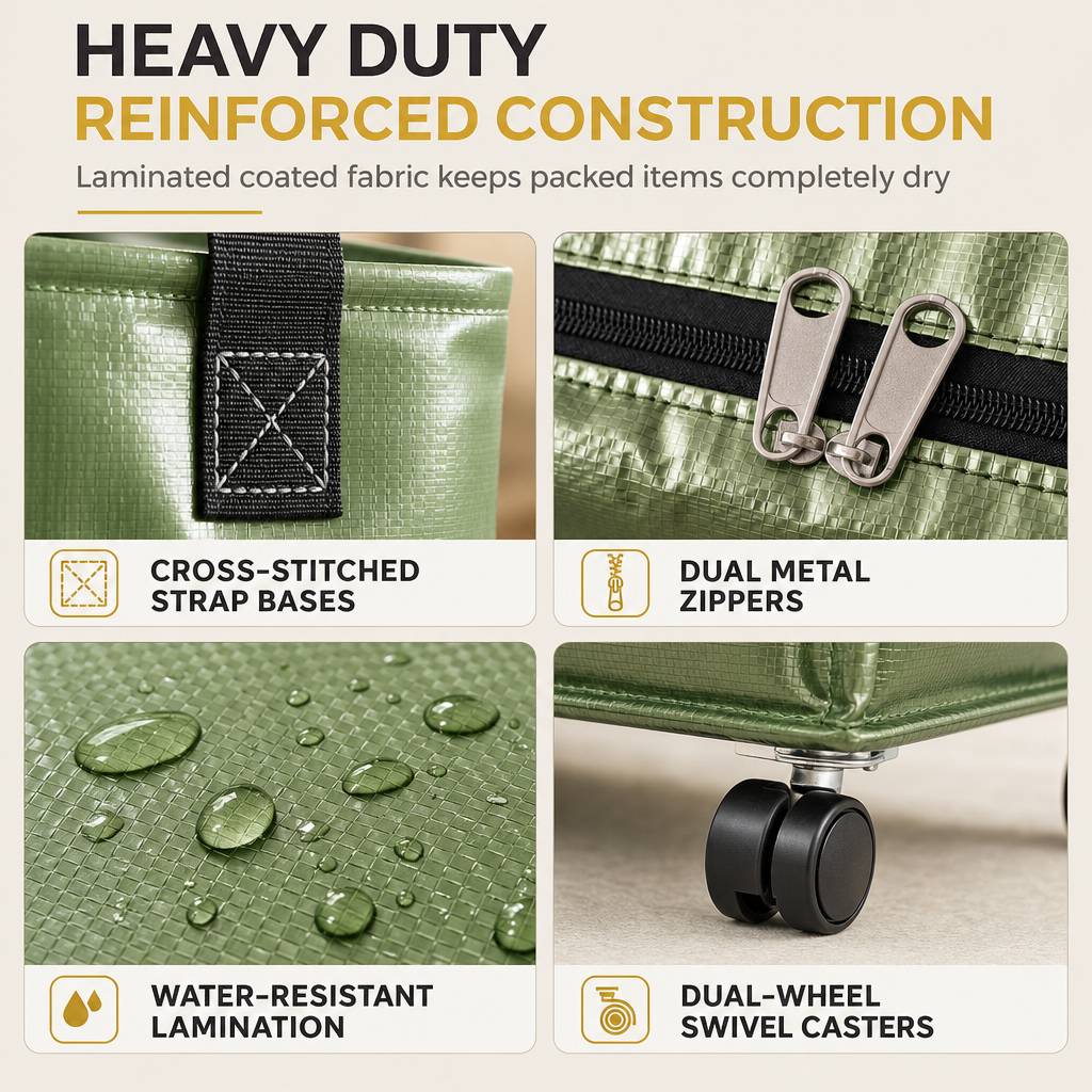 Close-up of water-resistant fabric, reinforced stitching and swivel wheels
