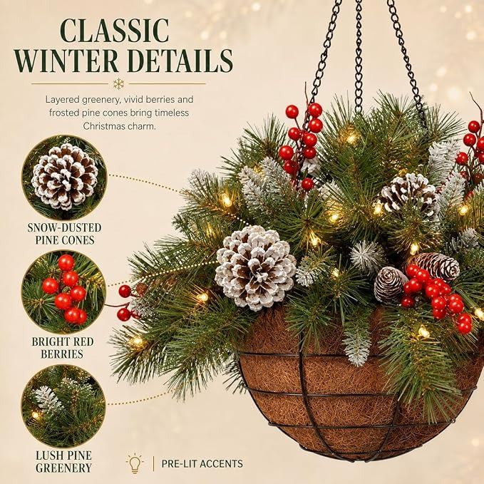 🎄Christmas Promotion 49% OFF🔥Pre-Lit Artificial Christmas Hanging Basket