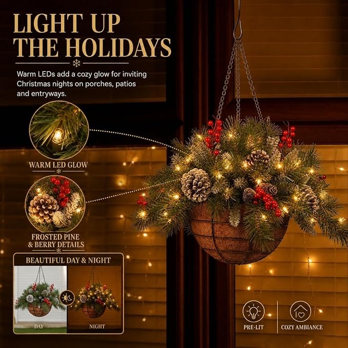 🎄Christmas Promotion 49% OFF🔥Pre-Lit Artificial Christmas Hanging Basket