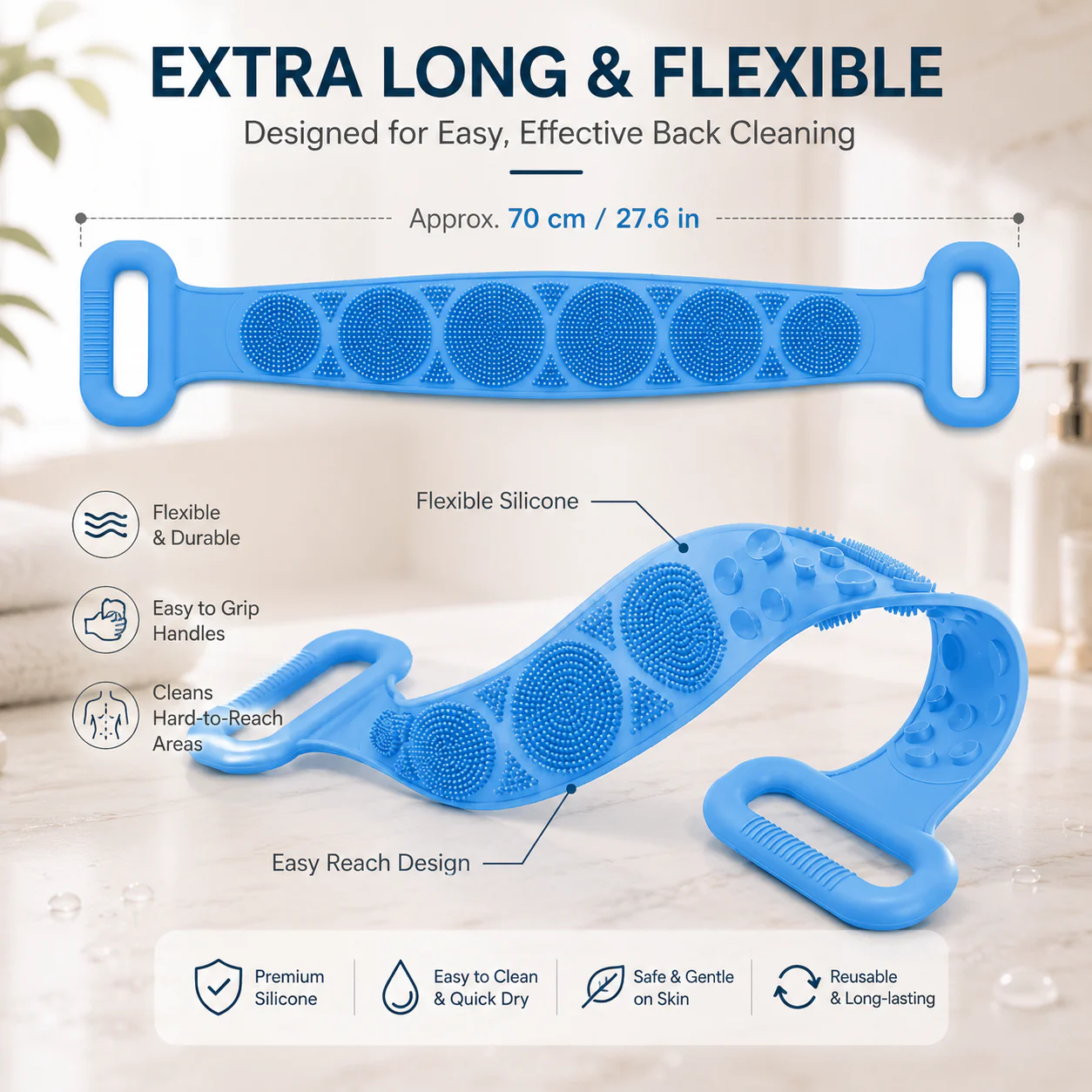 ✨🛁 Double-Sided Silicone Back Scrubber – Long Exfoliating Bath Brush