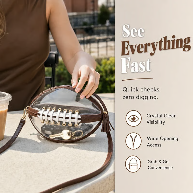 Clear Football Shaped Crossbody Bag, Transparent PVC Stadium Approved Game Day Bag 🏈