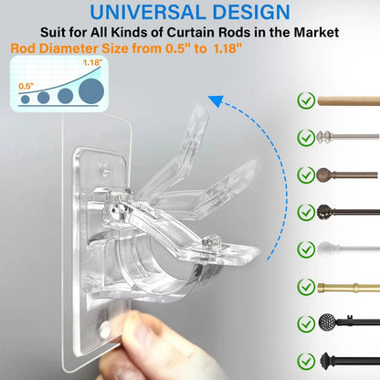 6-Pack No Drill Curtain Rod Holders, Self Adhesive Transparent Brackets for Dorm