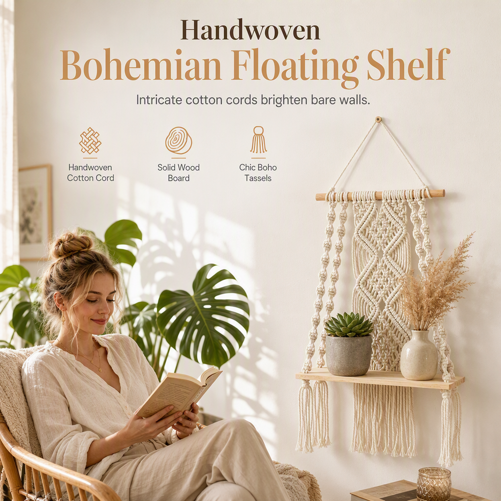 ⏳Time-Limited Special⏰Bohemian Hand Woven Macrame Wall Hanging Floating Shelf for Books and Plants Living Room Decor