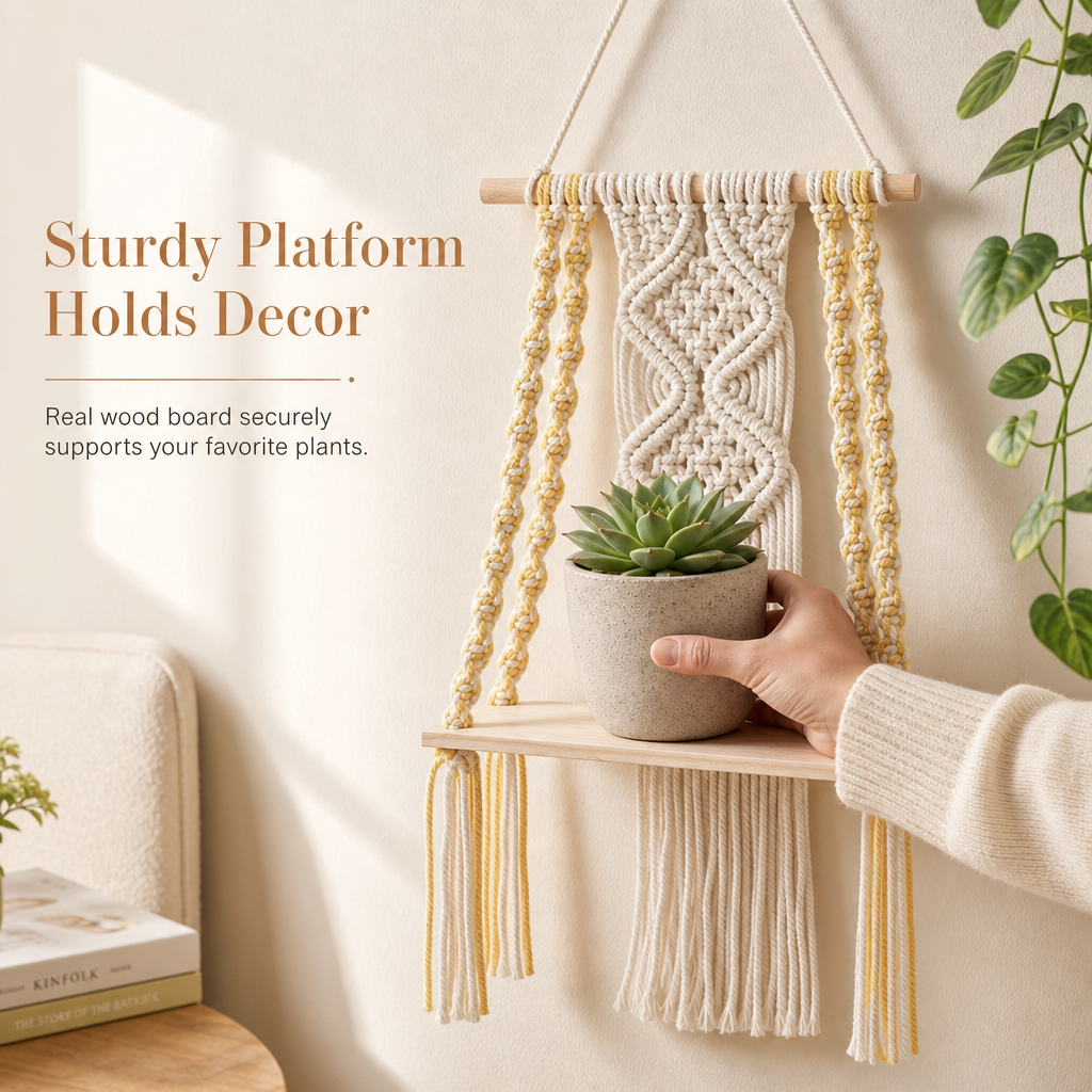 ⏳Time-Limited Special⏰Bohemian Hand Woven Macrame Wall Hanging Floating Shelf for Books and Plants Living Room Decor