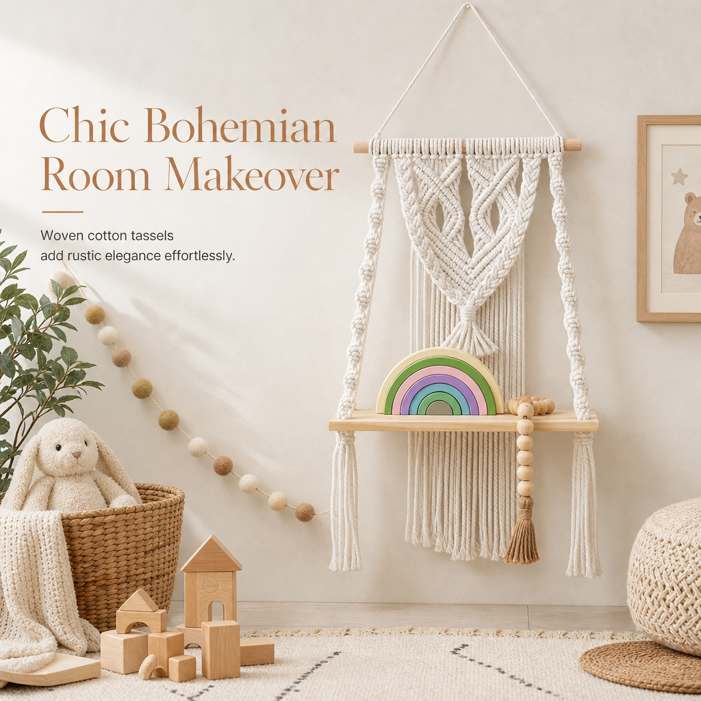 ⏳Time-Limited Special⏰Bohemian Hand Woven Macrame Wall Hanging Floating Shelf for Books and Plants Living Room Decor
